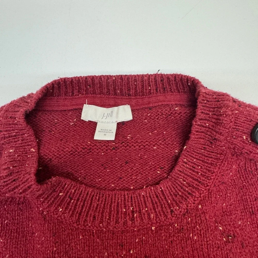 J Jill Sweater Womens Medium Red Speckled Knit Button Shoulder Academia Classic